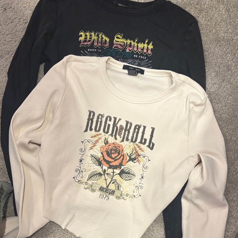 Forever 21 Cream and Black Graphic Crop Tops